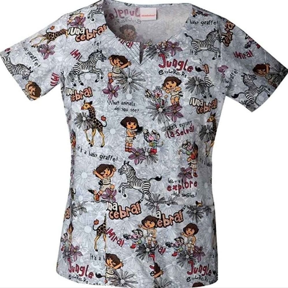 Nickelodeon Dora the Explorer Zoo Animals Jungle Theme Scrub Top Grey